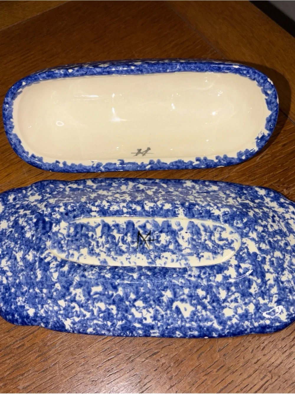 Molly Dallas Splatterware Butter Dish Blue With An Orange Sheep Signed